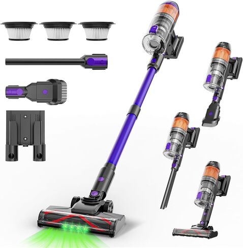 Cordless Vacuum Cleaner,500W 40KPa 60Mins Vacuum Cleaners for Home,Powerful Stick Vacuum With Green Light,Anti-tangle Wireless Vacumm, Rechargeable Vacuum for Pet Hair/Carpet/Hardwood Floor,Purple in Saudi Arabia