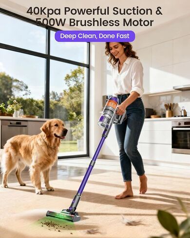 Cordless Vacuum Cleaner,500W 40KPa 60Mins Vacuum Cleaners for Home,Powerful Stick Vacuum With Green Light,Anti-tangle Wireless Vacumm, Rechargeable Vacuum for Pet Hair/Carpet/Hardwood Floor,Purple in Saudi Arabia