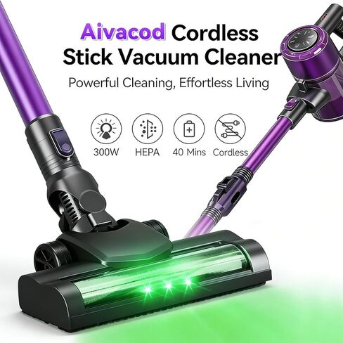 Cordless Stick Vacuum Cleaner, 300W Powerful Suction with HEPA Filter, Tangle-Resistant, Up to 40 Mins Runtime, Lightweight for Carpet, Hard Floor, Pet Hair in Saudi Arabia