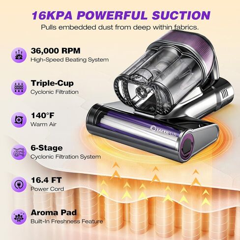 مكنسة كهربائية قوية للسرير من SakerPlus، مكنسة كهربائية للمرتبة 16 كيلو باسكال مع 36000 نبضة/الدقيقة و140 درجة فهرنهايت هواء دافئ، نظام إعصار 3 أكواب، شاشة ذكية، مكنسة كهربائية محمولة لشعر الحيوانات الأليفة على أريكة السرير in Kuwait