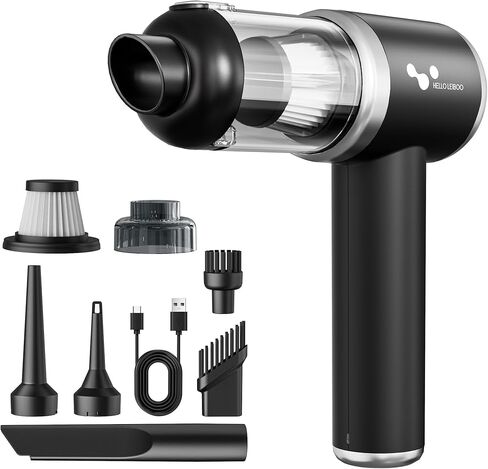 مكنسة كهربائية محمولة للسيارة من helloleiboo بقوة 16000 باسكال، مكنسة كهربائية محمولة لاسلكية بقدرة 120 وات، مكنسة كهربائية صغيرة 4 في 1 عالية الطاقة قابلة لإعادة الشحن ومنفضة هواء متعددة الفوهات للمنزل والمكتب والحيوانات الأليفة (أسود) in Kuwait