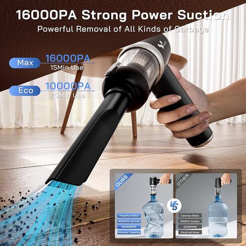 مكنسة كهربائية محمولة للسيارة من helloleiboo بقوة 16000 باسكال، مكنسة كهربائية محمولة لاسلكية بقدرة 120 وات، مكنسة كهربائية صغيرة 4 في 1 عالية الطاقة قابلة لإعادة الشحن ومنفضة هواء متعددة الفوهات للمنزل والمكتب والحيوانات الأليفة (أسود) in Kuwait