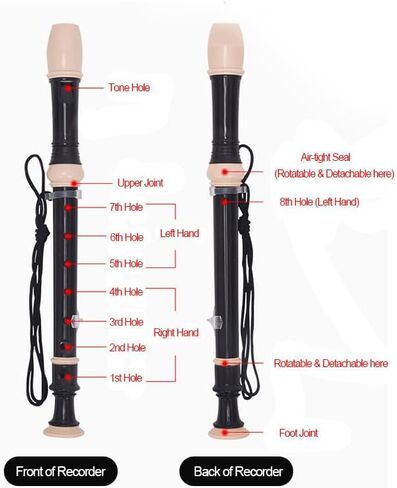 Soprano Recorder 8 Holes with Storage Bag Fingering Chart Cleaning Rod Finger Rest Strap and Lubricant for Daily Practice Home Use and Impromptu Sessions, Black in Saudi Arabia