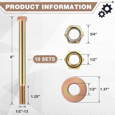 Hicarer 10 Sets 1/2'' x 6'' Hex Head Bolts Color Galvanized with Nylon Lock Nut and Large Size Washer Kit, Alloy Steel in Saudi Arabia