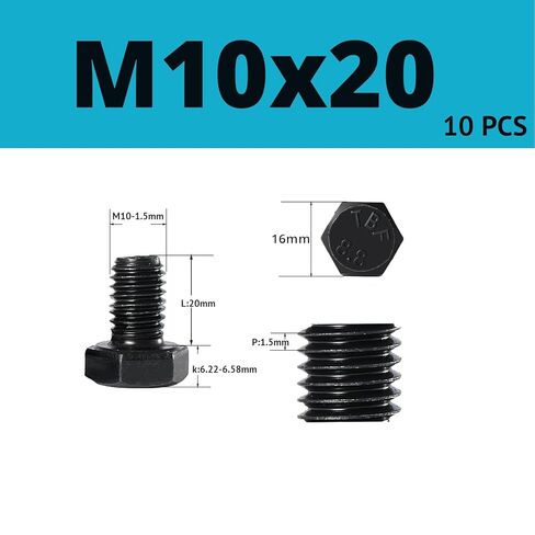M10 x 20mm Hex Head Screws Bolts, 8.8 Grade Carbon Steel, Black Oxide Finish, Full Machine Thread, Right Hand External Hex Drive for Industrial & DIY, 10Pcs in Saudi Arabia