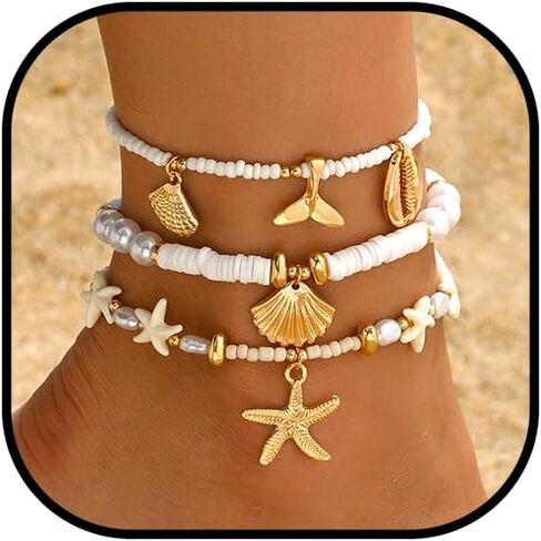 Summer Beach Ankle Bracelet for Women Waterproof Boho Beads Starfish Seashell Anklets Adjustable Surfer Preppy Ankles Set Beach Vacation Accessories in Kuwait