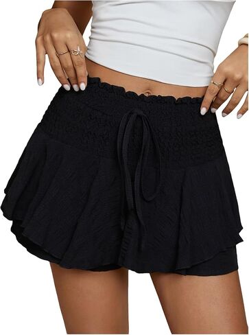 Women's Flowy High Rise Ruffle Layered Shorts Drawstring Waist Shirred Boho Vacation Shorts in Saudi Arabia