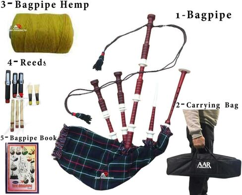 AAR Scottish Full Size Bagpipe Sheesham wood or Black Finish with Silver Plain Mounts Free Tutor Book, Carrying Bag, Drone, Reeds (Mackenzie) in Saudi Arabia