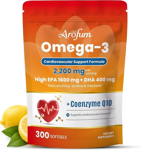 Omega 3 Fish Oil with CoQ10, High EPA DHA Fish Oil Omega 3 Supplements, 2200 mg rTG Omega 3 EPA DHA for Heart & Cardiovascular Support, Lemon Flavor, 300 Softgels in Kuwait