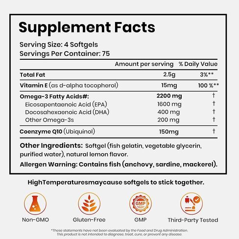 Omega 3 Fish Oil with CoQ10, High EPA DHA Fish Oil Omega 3 Supplements, 2200 mg rTG Omega 3 EPA DHA for Heart & Cardiovascular Support, Lemon Flavor, 300 Softgels in Kuwait