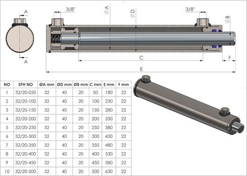 قطع الغيار هولندا - أسطوانة هيدروليكية مزدوجة الفعل، أنبوب 1.26 بوصة مع قضيب كروم 0.8 بوصة، طول الشوط 2 بوصة، درجة احترافية in Kuwait