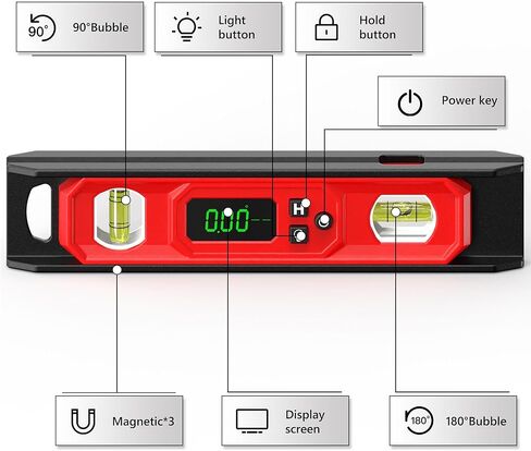 Digital Level 9-Inch, Torpedo Level and Protractor with Bright LED Display, Magnetic Base, Audio Indicator, IP54 Water Resistant for Construction Craftsman in Saudi Arabia