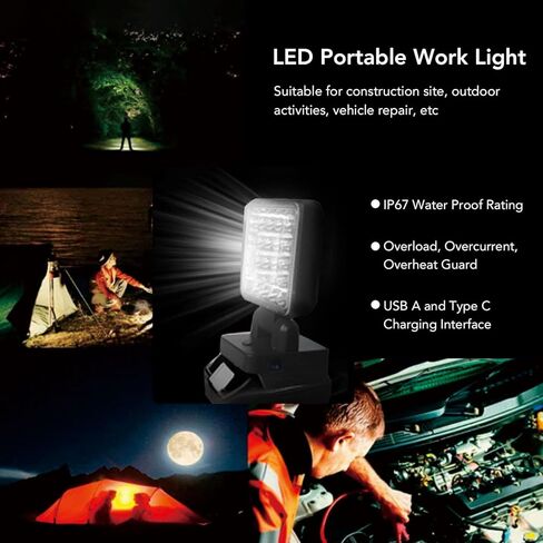 Fafeicy Portable LED Work Light Cordless Rechargeable LED Lamp with 330 Rotation USB A Type C Charging IP67 for Camping Hiking Vehicle Repair in Saudi Arabia