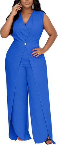 Women Dressy Jumpsuits Formal Casual V Neck Button Front Split Wide Leg Jumpsuit Romper Fall Outfits in Kuwait