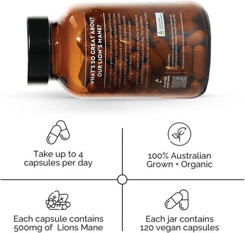 كبسولات الفطر Man's Mane | نمت الأسترالي | WH96 كلمات 697 FORMALESOLE FOOD | الطيف الكامل | تجميد تجميد | 120 كبسولات in Saudi Arabia