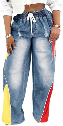 بنطال جينز YOOTIKO نسائي مخطط برباط مرن عالي الخصر مستقيم وواسع الساق وفضفاض in Kuwait