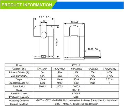 سبليت الأساسية KCT-10 10A/10mA CL:0.5 UL1015AWG24 المشبك على المحولات الحالية in Kuwait