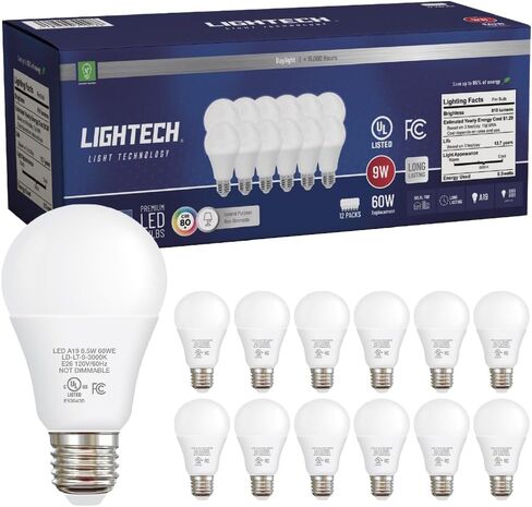 مصابيح إضاءة LED A19، 12 حزمة، ما يعادل 60 وات، لمبة إضاءة LED نهارية 9 وات 5000 كلفن، 810 لومن، غرفة النوم، غرفة المعيشة، المكتب، المرآب، مصابيح إضاءة LED ضوء النهار، مصابيح كهربائية، غير قابلة للتعتيم، E26، مدرج في قائمة UL in Saudi Arabia