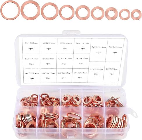 wzp 200pcs النحاس غسالات متري ختم مجموعة متنوعة، 9 أحجام شقة حلقة النفط استنزاف المكونات سحق غسالة طوقا ختم مجموعة متنوعة، M5 M6 M8 M10 M12 M14 سحق غسالات لسيارة دراجة نارية in Saudi Arabia