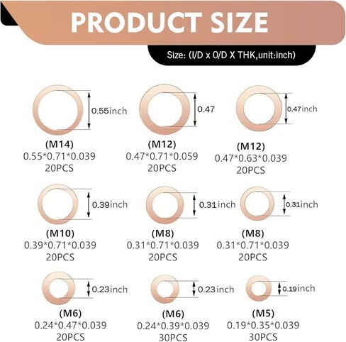 wzp 200pcs النحاس غسالات متري ختم مجموعة متنوعة، 9 أحجام شقة حلقة النفط استنزاف المكونات سحق غسالة طوقا ختم مجموعة متنوعة، M5 M6 M8 M10 M12 M14 سحق غسالات لسيارة دراجة نارية in Saudi Arabia