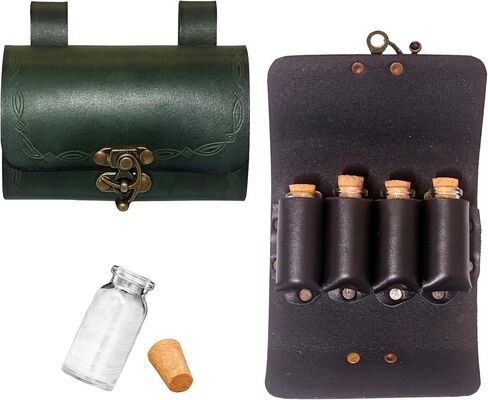 Lord of Battles Medieval Alchemy Buff Leather Belt Bag with 4 Mini Glass Bottles | The Elfic Potion Vintage Belt Waist Pouch Side Pack for Ren Faire, Cosplay (Brown) in Saudi Arabia