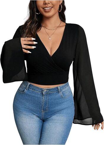 MakeMeChic Women's Plus Size Crop Top Bell Sleeve Tops V Neck Wrap Blouse Party T Shirts in Saudi Arabia