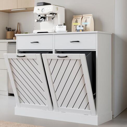 Double Tilt-Out Trash Can Cabinet, 2x13 Gallons Hidden Garbage, Hidden Kitchen Trash Cabinet with Storage Drawer, Pet-Proof Wooden Garbage & Recycling Cabinet for Kitchen, Laundry & Living Room, Black in Saudi Arabia