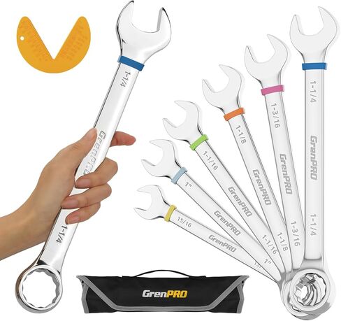 GRENPRO SAE Wrench Set, Large Wrench Set, 7-Piece 15/16", 1", 1-1/16", 1-1/8", 1-3/16", 1-1/4" Long Big Open End Wrench Tools Set Roll Up Pouch Organizer with Gauge, 12 Point Combination Wrenches Sets in Kuwait