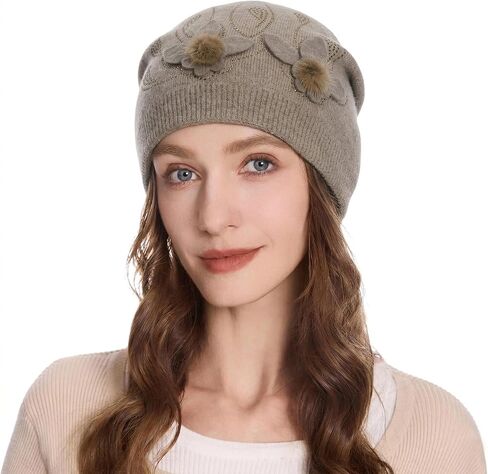 ZLYC Women Floral Slouchy Beanie Hat Double Layer Winter Knit Skull Cap in Saudi Arabia