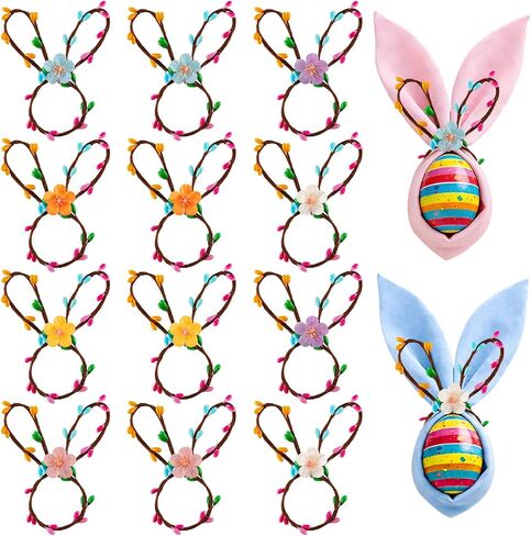 YBB حلقات مناديل أرنب عيد الفصح مجموعة من 12، حامل مناديل آذان أرنب مصنوع يدويًا مع التوت الملون والزهور لحفلات عيد الفصح ومأدبة الطعام وتزيين طاولة الربيع in Kuwait