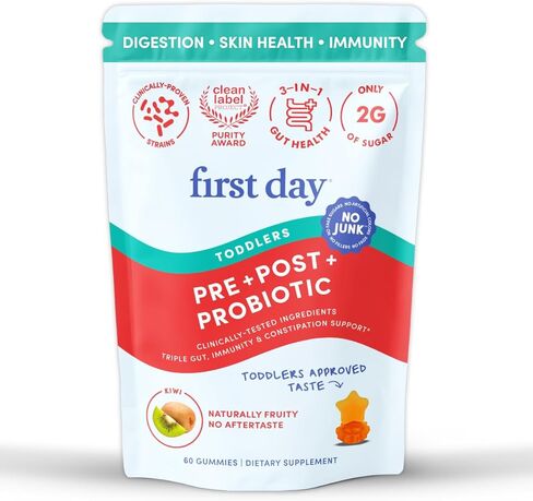 اليوم الأول علكة تريبيوتيك للأطفال الصغار (الأعمار 2-3 سنوات) | علكات بروبيوتيك للأطفال | 3 في 1 Pre + Pro + Postbiotics لصحة الجهاز الهضمي والمناعي للأطفال - الكيوي، 60 قطعة (كمية تكفي لمدة 30 يومًا) in Kuwait