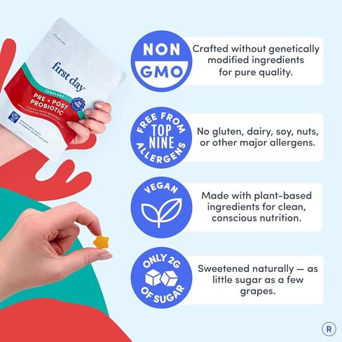 اليوم الأول علكة تريبيوتيك للأطفال الصغار (الأعمار 2-3 سنوات) | علكات بروبيوتيك للأطفال | 3 في 1 Pre + Pro + Postbiotics لصحة الجهاز الهضمي والمناعي للأطفال - الكيوي، 60 قطعة (كمية تكفي لمدة 30 يومًا) in Kuwait