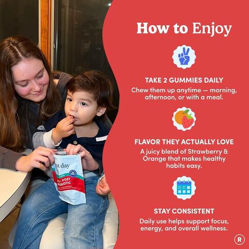 اليوم الأول علكة تريبيوتيك للأطفال الصغار (الأعمار 2-3 سنوات) | علكات بروبيوتيك للأطفال | 3 في 1 Pre + Pro + Postbiotics لصحة الجهاز الهضمي والمناعي للأطفال - الكيوي، 60 قطعة (كمية تكفي لمدة 30 يومًا) in Kuwait