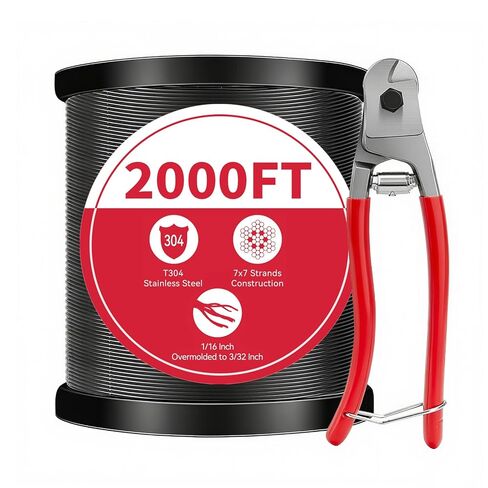 Black 304 Stainless Steel Vinyl Coated Wire Rope 1/16 Inch Overmolded to 3/32 Inch Outdoor Light Guide Wire 2000FT with Cutter in Saudi Arabia