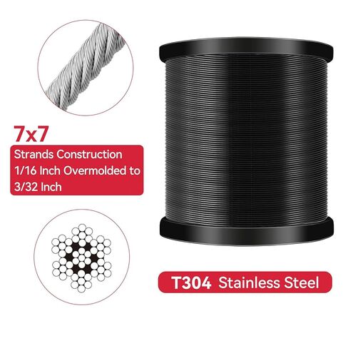 Black 304 Stainless Steel Vinyl Coated Wire Rope 1/16 Inch Overmolded to 3/32 Inch Outdoor Light Guide Wire 2000FT with Cutter in Saudi Arabia