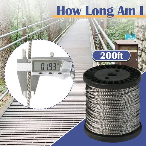 حبل سلكي بطول 200 قدم، مجموعة حبل سلكي 1/5 بوصة، كابل من الفولاذ المقاوم للصدأ 304، حبل كابل طائرة بطول 7 × 19 لتعريشة ملابس Zipline في الفناء in Kuwait