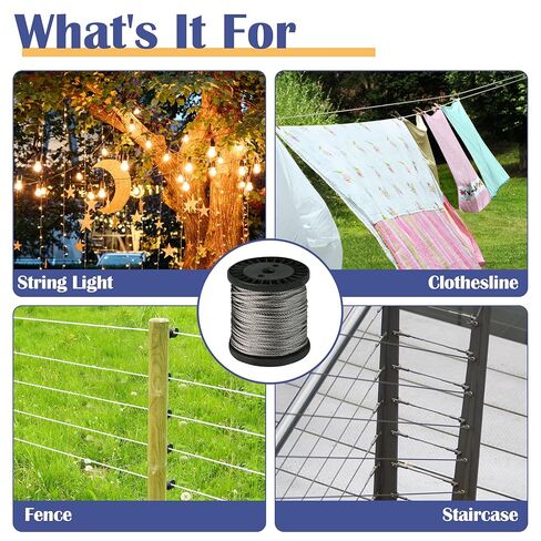 حبل سلكي بطول 200 قدم، مجموعة حبل سلكي 1/5 بوصة، كابل من الفولاذ المقاوم للصدأ 304، حبل كابل طائرة بطول 7 × 19 لتعريشة ملابس Zipline في الفناء in Kuwait