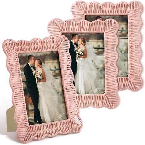 3 Pcs Scalloped Wicker Weave Rattan Photo Frame for Picture Handmade Rattan Made Picture Frames Wall Decor Boho Farmhouse Style Tabletop Photo Display Decorative Home Bookshelf (5 x 7) in Kuwait