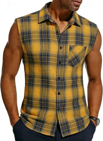 قميص منقوش من الفانيلا بلا أكمام للرجال - خفيفة وتنفس ، رجعية ، مناسبة لارتداء الربيع والصيف in Kuwait