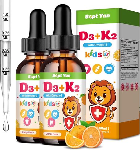 قطرات فيتامين D3 K2 للأطفال - مكمل فيتامين K2 D3 1000 وحدة دولية مع أوميغا 3، دعم العظام والمزاج والأسنان والمناعة - فيتامين D3 K2 (MK-7) قطرات سائلة للبالغين والأطفال، نكهة الفراولة الخالية من السكر 2 أونصة سائلة in Kuwait