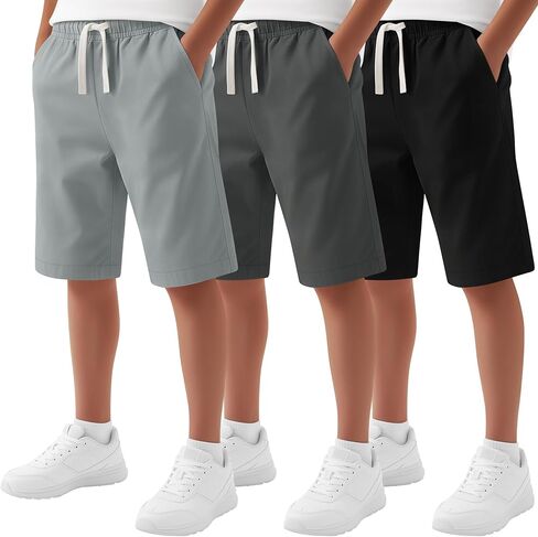 3 Pack Boys School Uniform Shorts Performance School Wear Teen Bermuda Drawstring Shorts with Pockets for 6-16 Y in Saudi Arabia