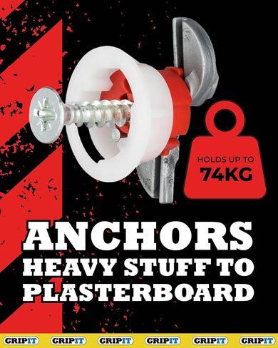 مرساة GRIPIT - باللون الأحمر، يمكن تركيبها وتعليقها حتى 162 رطلاً أو 74 كجم، نوع برغي فيليبس، قطر المسمار 5 (1/8 بوصة)، طول المسمار 1.2 بوصة (30 مم)، 25 مرساة + 25 براغي in Kuwait