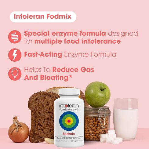 إنتوليران فوديميكس (كواتراز) الإنزيمات الهاضمة - 108 كبسولات | ملحق بجرعات عالية لعدم تحمل FODMAP | يساعد على هضم اللاكتوز والكربوهيدرات المعقدة | نقي ونباتي | انخفاض فودماب in Kuwait