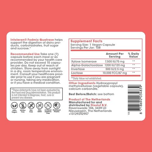 إنتوليران فوديميكس (كواتراز) الإنزيمات الهاضمة - 108 كبسولات | ملحق بجرعات عالية لعدم تحمل FODMAP | يساعد على هضم اللاكتوز والكربوهيدرات المعقدة | نقي ونباتي | انخفاض فودماب in Kuwait