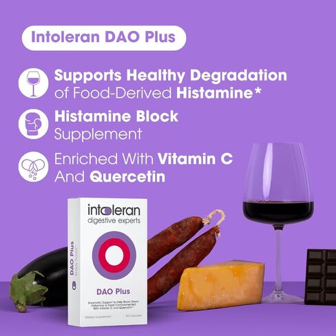 Intoleran DAO Plus الإنزيمات الهاضمة - 50 كبسولة | ملحق لعدم تحمل الهيستامين ونقص DAO | مستويات الهستامين الصحية | 30.000 HDU ديامين أوكسيديز (DAO) إنزيم | فيتامين ج وكيرسيتين in Kuwait