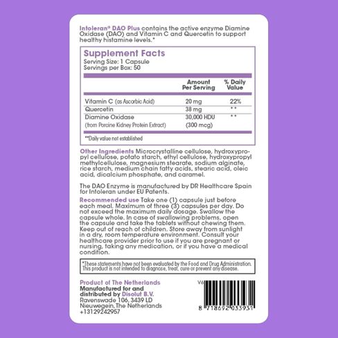 Intoleran DAO Plus الإنزيمات الهاضمة - 50 كبسولة | ملحق لعدم تحمل الهيستامين ونقص DAO | مستويات الهستامين الصحية | 30.000 HDU ديامين أوكسيديز (DAO) إنزيم | فيتامين ج وكيرسيتين in Kuwait