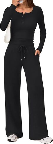 Trendy Queen Women's 2 Piece Matching Lounge Sets Fall Fashion Outfits Henley Neck Sweater Top Wide Leg Pants Sweat Suits in Saudi Arabia