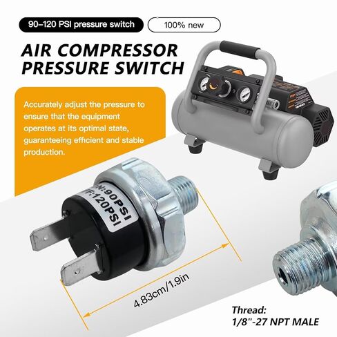 مفتاح ضغط هواء مدمج 1/8 بوصة NPT 90-120 PSI، للأجهزة الهوائية المتعددة، متوافق مع طاقة تيار مستمر 12 فولت/24 فولت in Kuwait