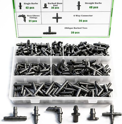 220Pcs Barbed Connectors Irrigation Fittings Kit,Irrigation Connector for 1/4" Tubing Garden Lawn Irrigation,End Plug,Barbs,Straight Barbs,Single Barbs,4-Way Coupling,Tees in Saudi Arabia