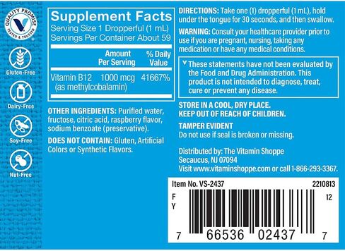 The Vitamin Shoppe Liquid B12 Methylcobalamin 1000 MCG - Energy Production | Raspberry Flavor Drops | 2 oz | Fast Absorption in Saudi Arabia